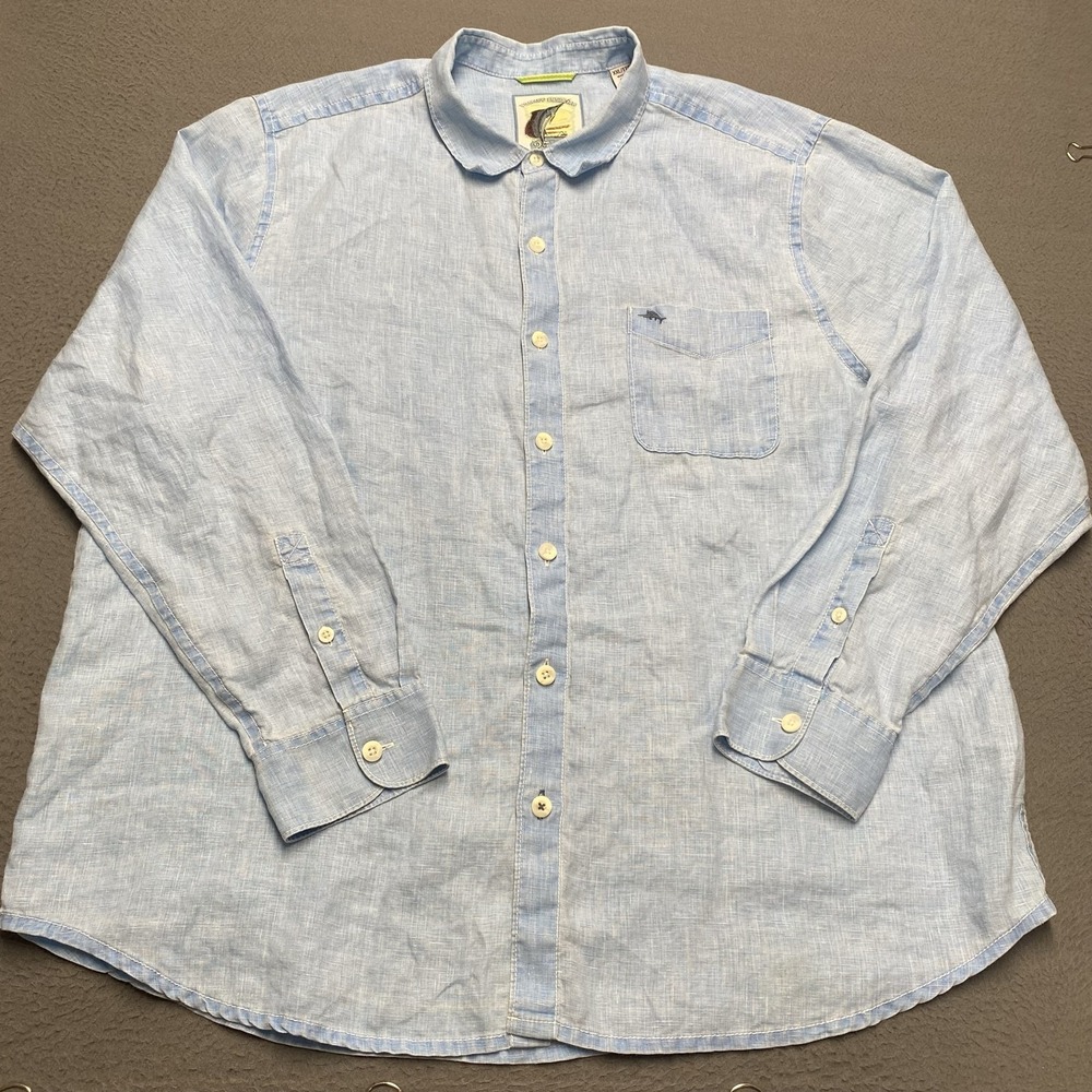 Tommy Bahama Shirt Mens 2XL Blue Linen Long Sleeve Button Up Back Graphic 25th